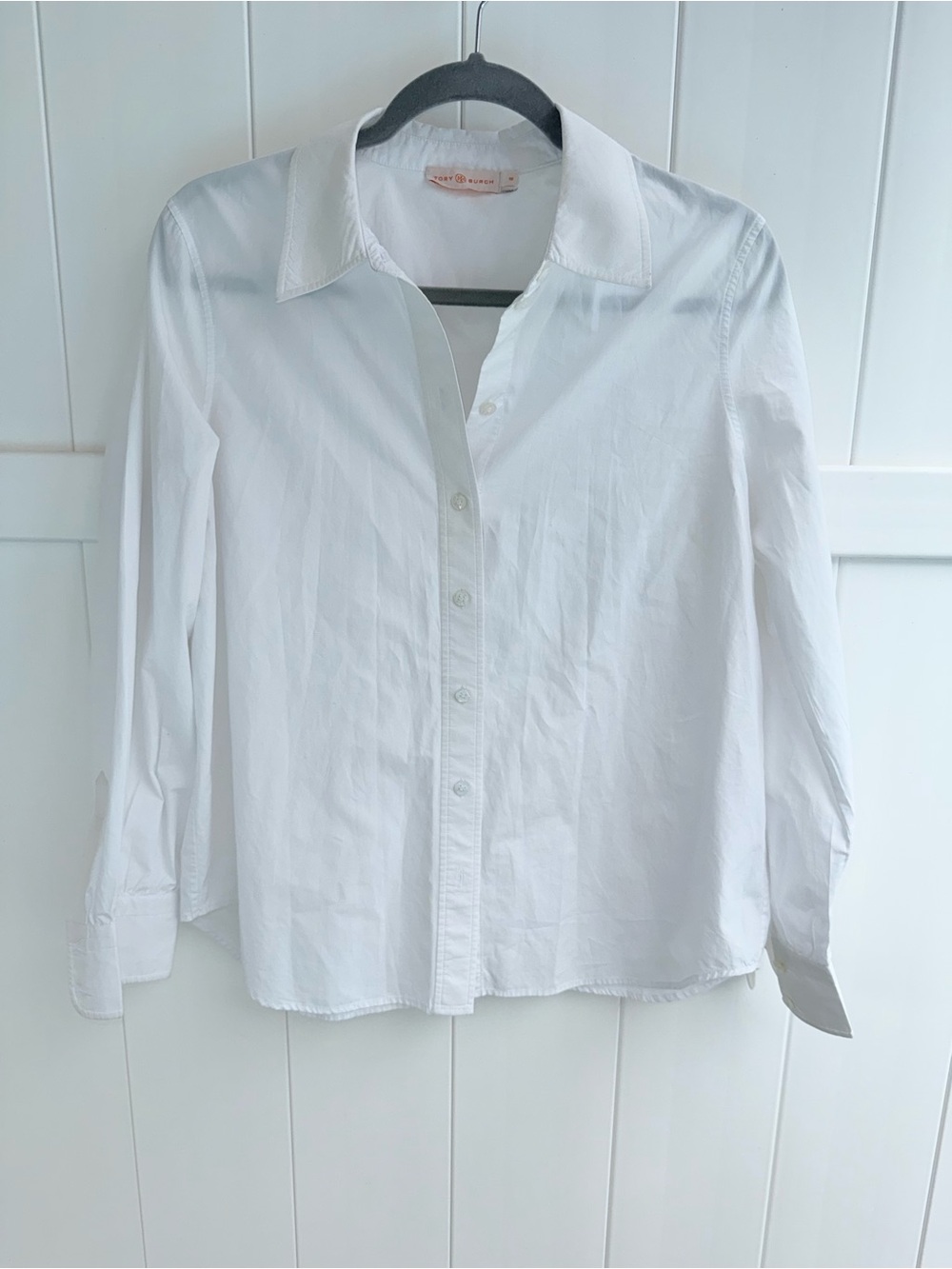 Tory Burch White Collared Button Down Shirt with Orange Logo Tag